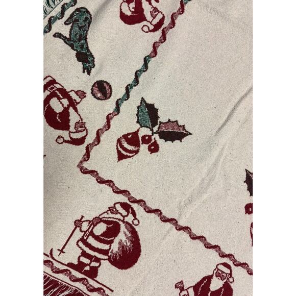 VTG Christmas Holiday Woven Fringed Throw Blanket Trees Santa Bells Cotton - Picture 4 of 6